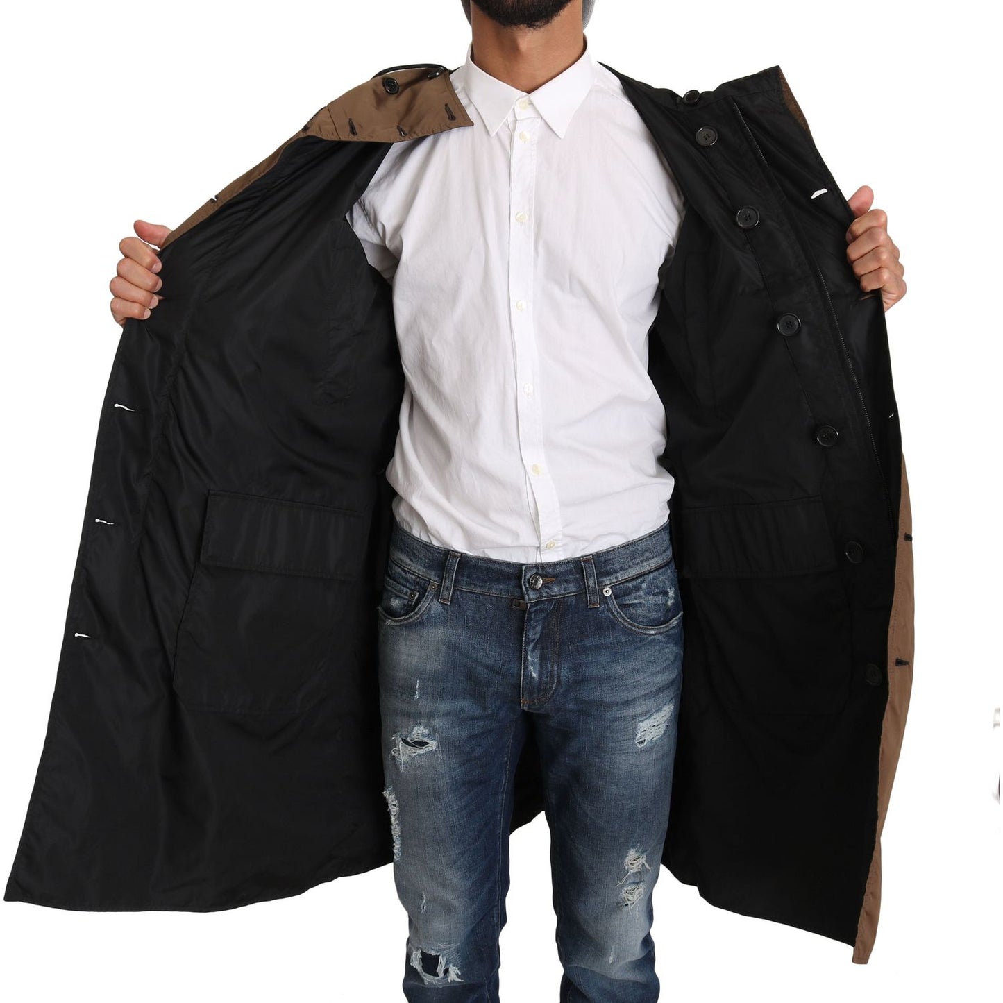 Dolce & Gabbana Elegant Reversible Hooded Raincoat Coats & Jackets black-brown-hooded-reversible-raincoat IMG_0767.jpg
