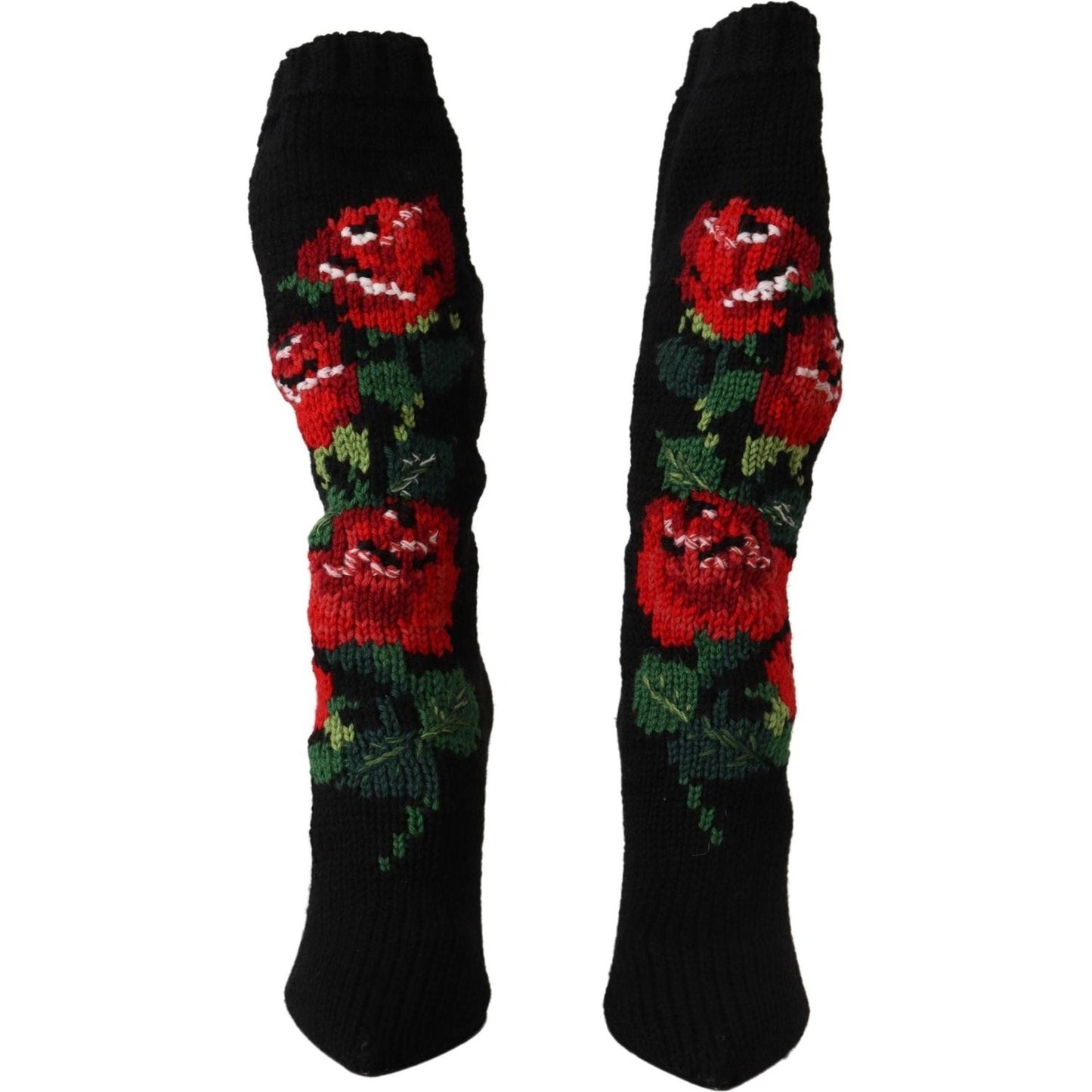 Dolce & Gabbana Elegant Sock Boots with Red Roses Detail black-stretch-socks-red-roses-booties-shoes