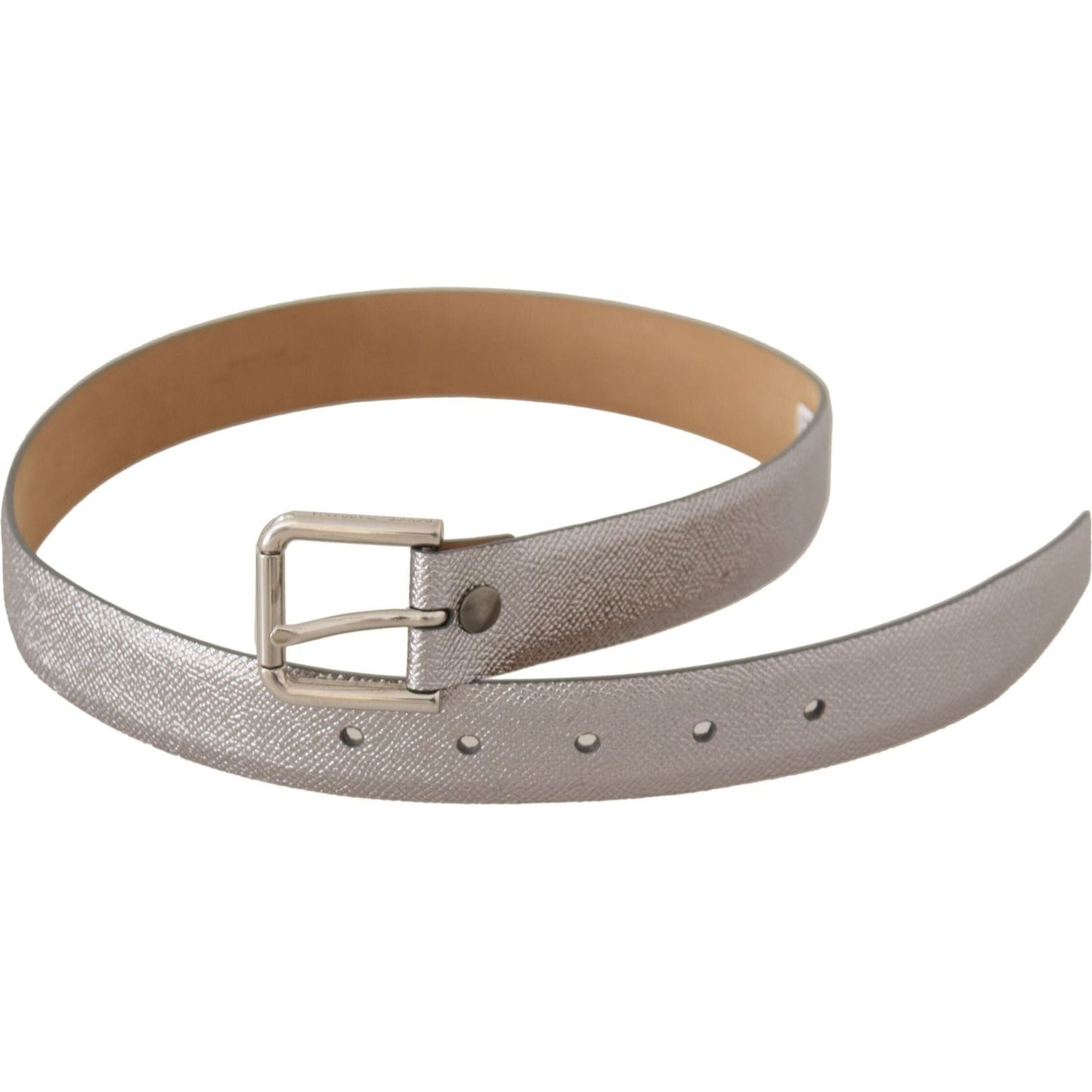 Dolce & Gabbana Elegant Silver Leather Belt with Engraved Buckle metallic-silver-leather-metal-waist-buckle-belt