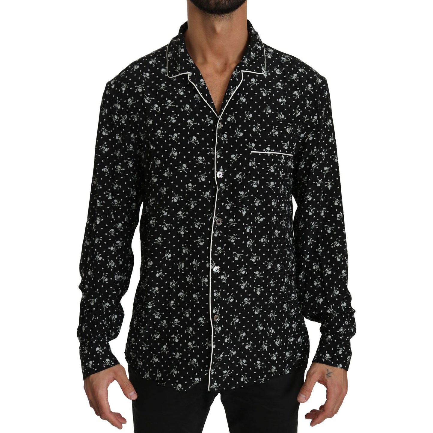 Dolce & Gabbana Elegant Silk Pajama Shirt with Skull Print black-skull-print-silk-sleepwear-shirt IMG_0786-scaled-df65f11f-8c3.jpg