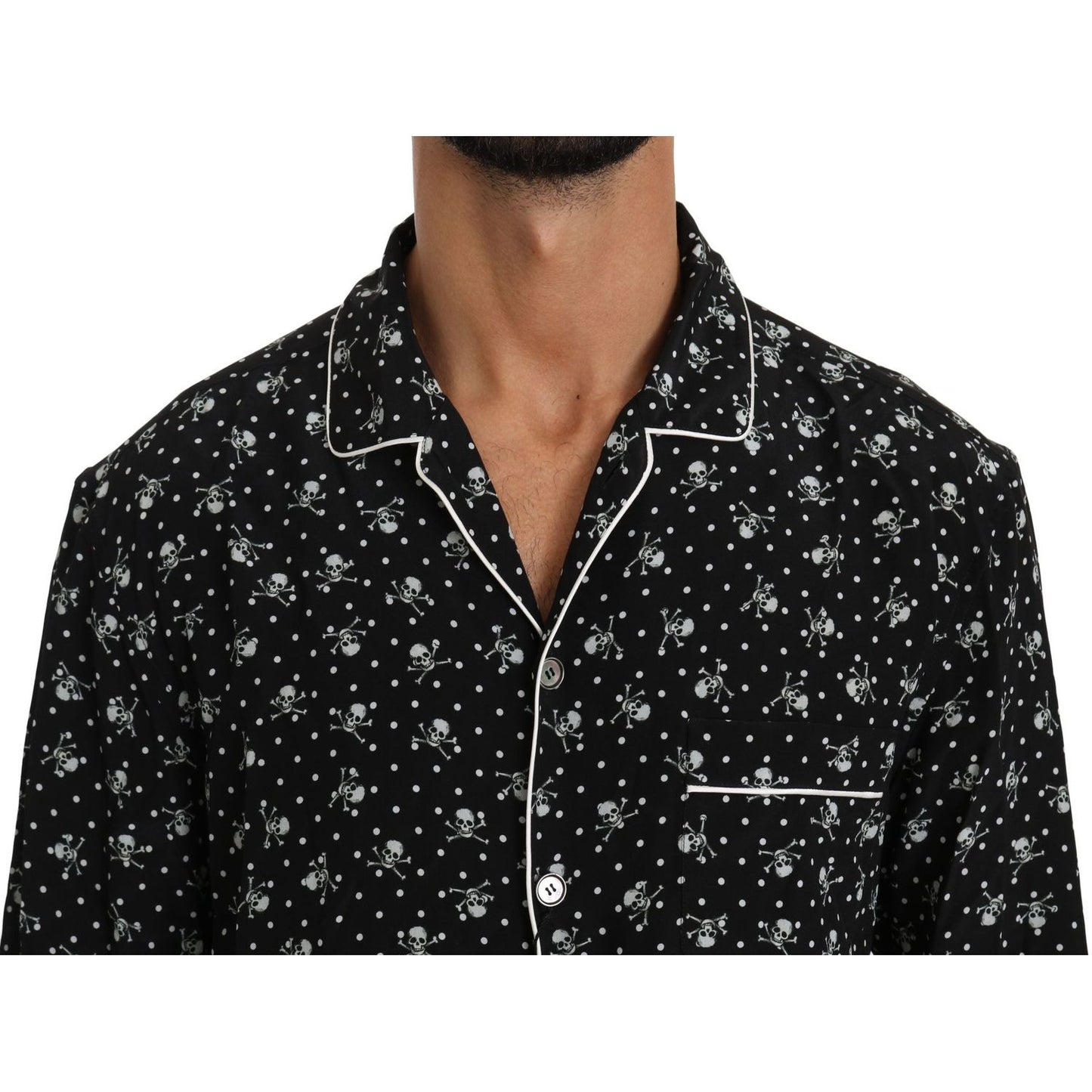 Dolce & Gabbana Elegant Silk Pajama Shirt with Skull Print black-skull-print-silk-sleepwear-shirt IMG_0789-1-scaled-75aea63c-c14.jpg