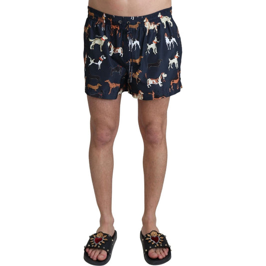 Dolce & Gabbana Elegant Navy Blue Swimming Trunks blue-dog-print-beachwear-shorts-men-swimwear