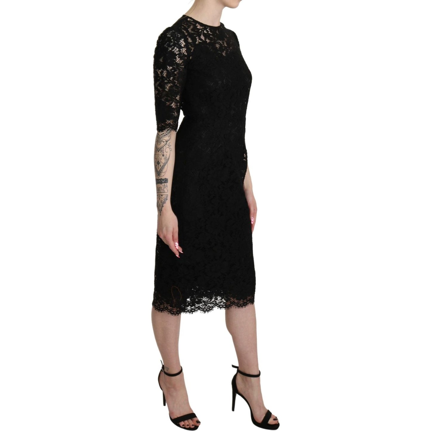 Dolce & Gabbana Elegant Black Lace Sheath Knee-Length Dress black-floral-lace-sheath-knee-length-dress