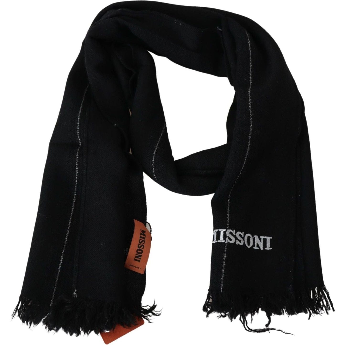 Missoni Elegant Black Wool Scarf with Logo Embroidery black-100-wool-unisex-neck-wrap-shawl-fringes-scarf