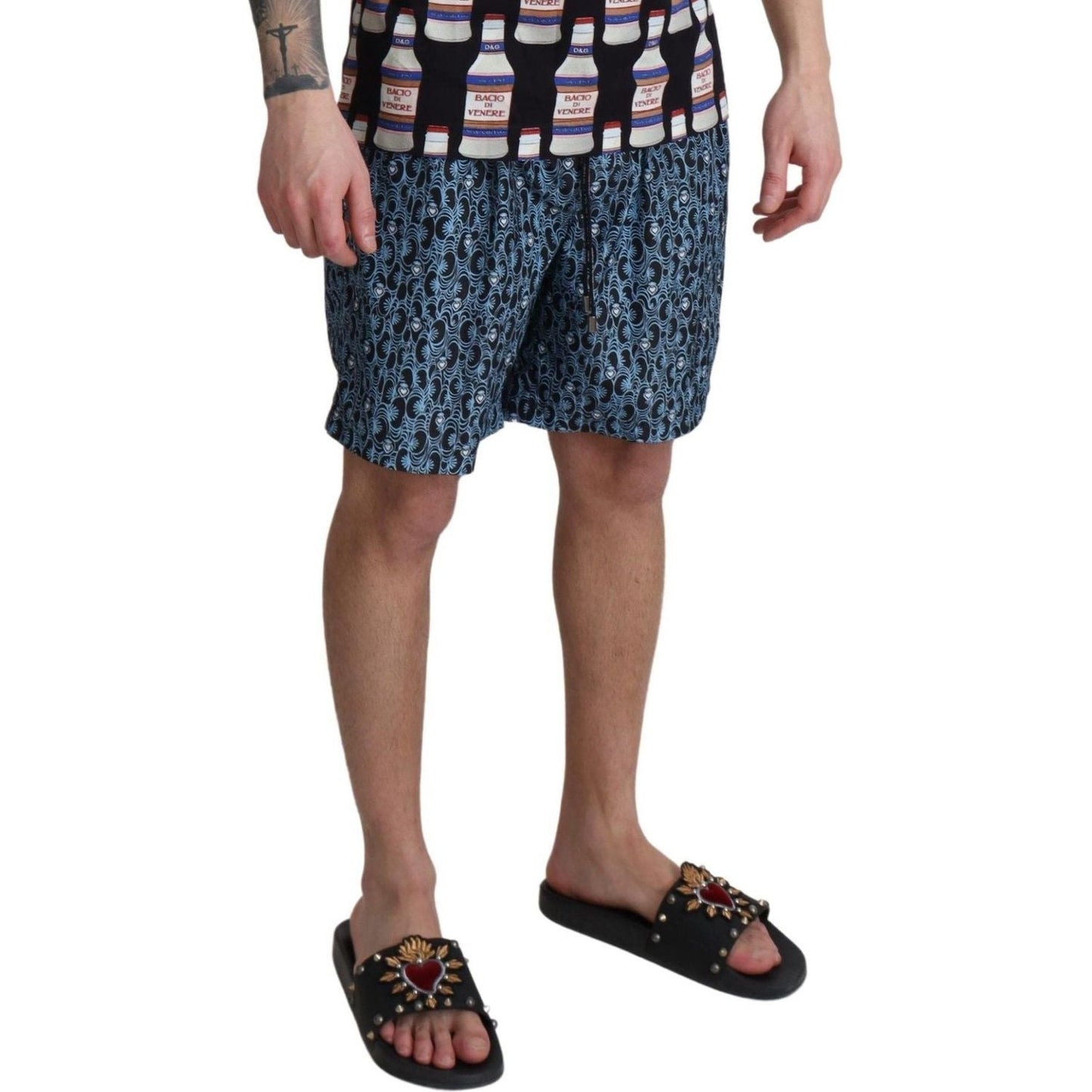 Dolce & Gabbana Chic Blue Drawstring Swim Trunks blue-patterned-print-beachwear-shorts-swimwear