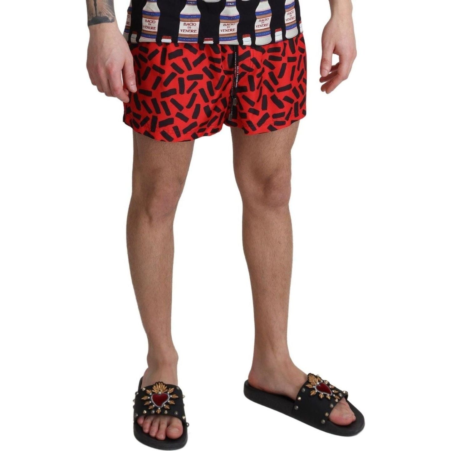 Dolce & Gabbana Radiant Red Drawstring Swim Trunks red-patterned-beachwear-shorts-swimwear-1