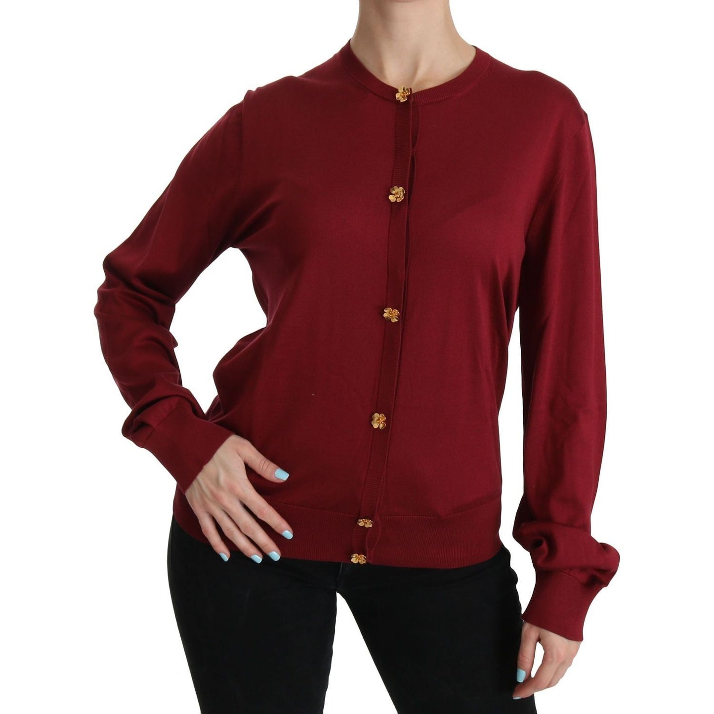 Dolce & Gabbana Silk Red Cardigan Top with Button Accents red-silk-long-sleeve-cardigan-sweater