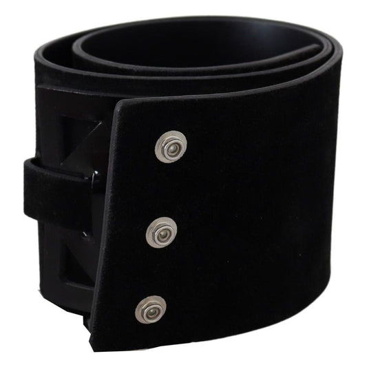 GF Ferre Elegant Black Leather Wide Belt with Silver Tone Buckle Belt black-leather-wide-silver-logo-design-buckle-belt