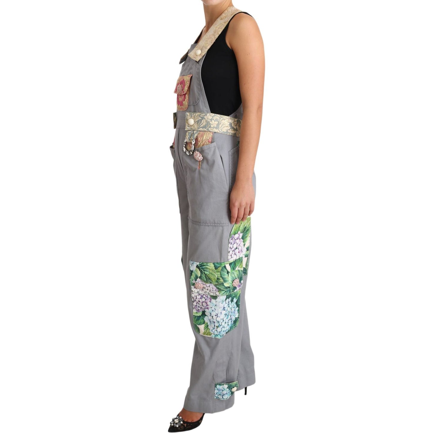 Dolce & Gabbana Exquisite Floral Embellished Denim Overalls gray-overall-jeans-gray-denim-crystal-hortensia