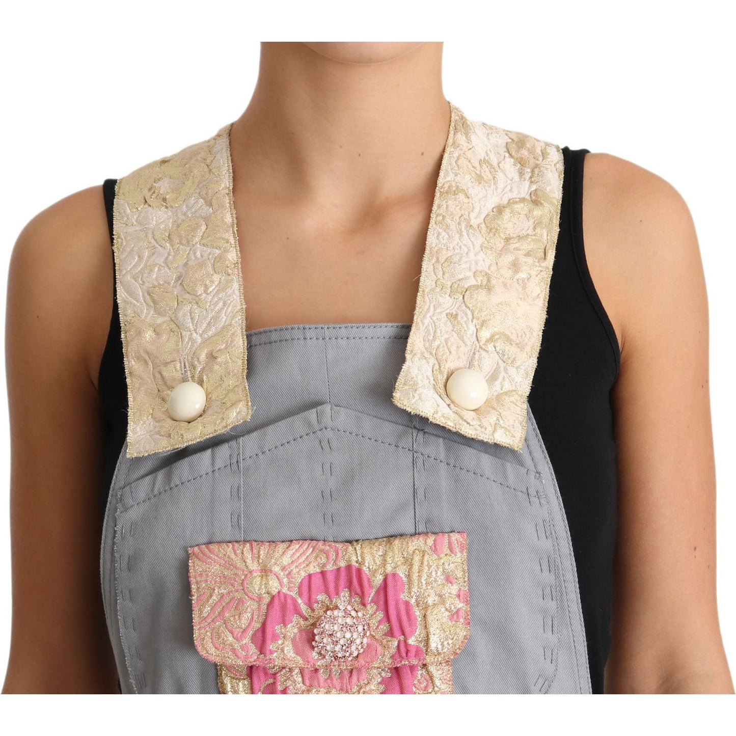 Dolce & Gabbana Exquisite Floral Embellished Denim Overalls gray-overall-jeans-gray-denim-crystal-hortensia