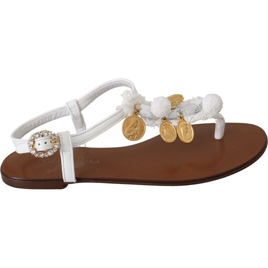 Dolce & Gabbana Pom Pom Flip Flop Ankle Strap Flats white-leather-coins-flip-flops-sandals-shoes IMG_0887-scaled-721f3172-f96.jpg