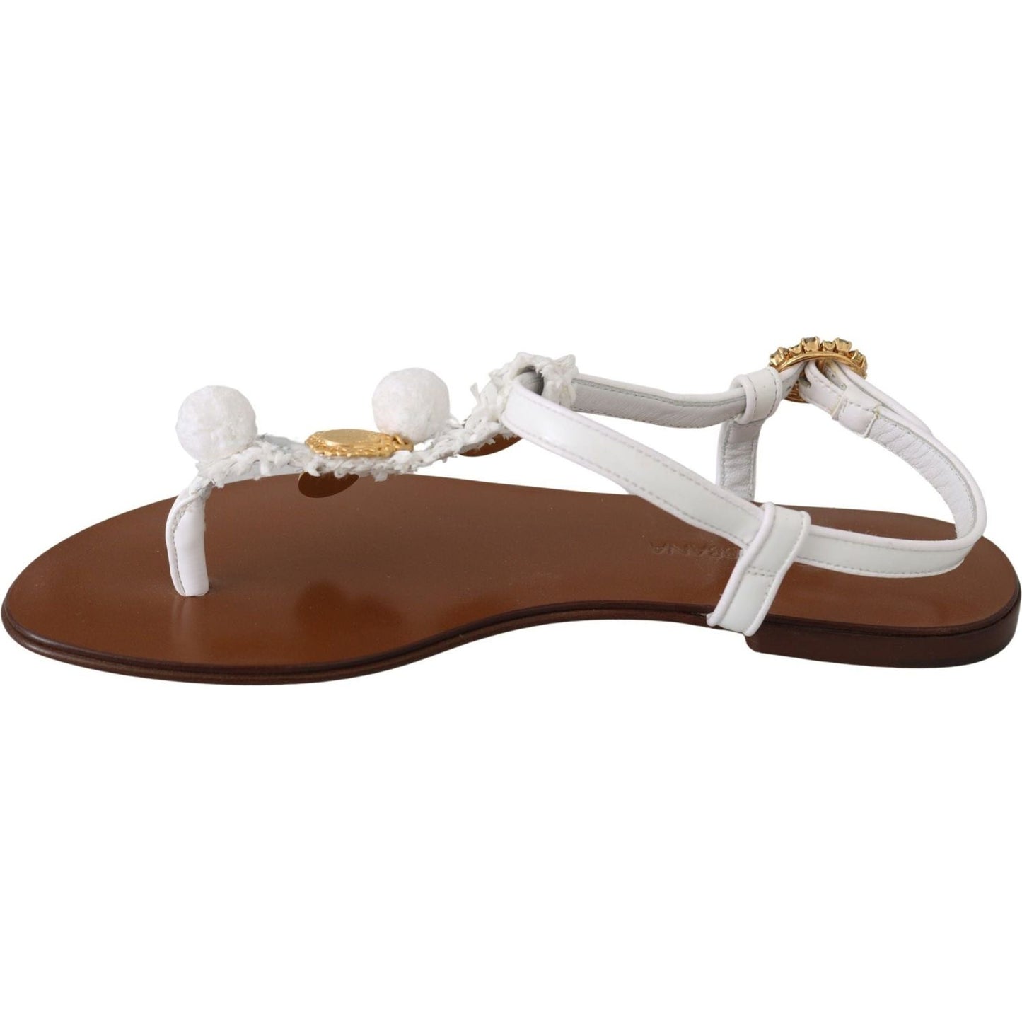 Dolce & Gabbana Pom Pom Flip Flop Ankle Strap Flats white-leather-coins-flip-flops-sandals-shoes