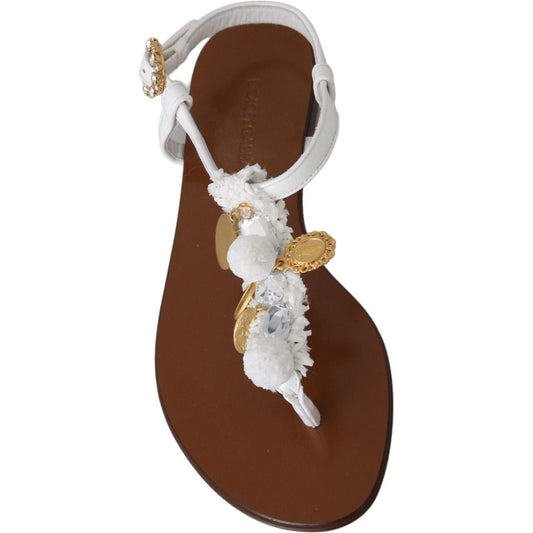 Dolce & Gabbana Pom Pom Flip Flop Ankle Strap Flats white-leather-coins-flip-flops-sandals-shoes IMG_0890-0a7fd437-e5d.jpg