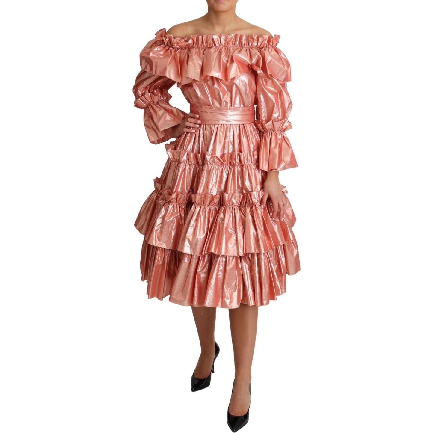 Dolce & Gabbana Pink Metallic Ruffled Gown Elegance pink-ruffled-dress-silk-cotton-gown-dress IMG_0898-scaled-1f042de9-a25.jpg