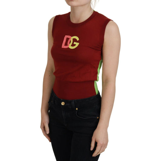 Dolce & Gabbana Elegant Silk Casual Top Red Green red-green-dg-logo-sleeveless-pullover-top-1 IMG_0898-scaled-dd903d95-890_5904f2d7-f3ba-4ad1-ac88-c8e1f9fbb6bd.jpg