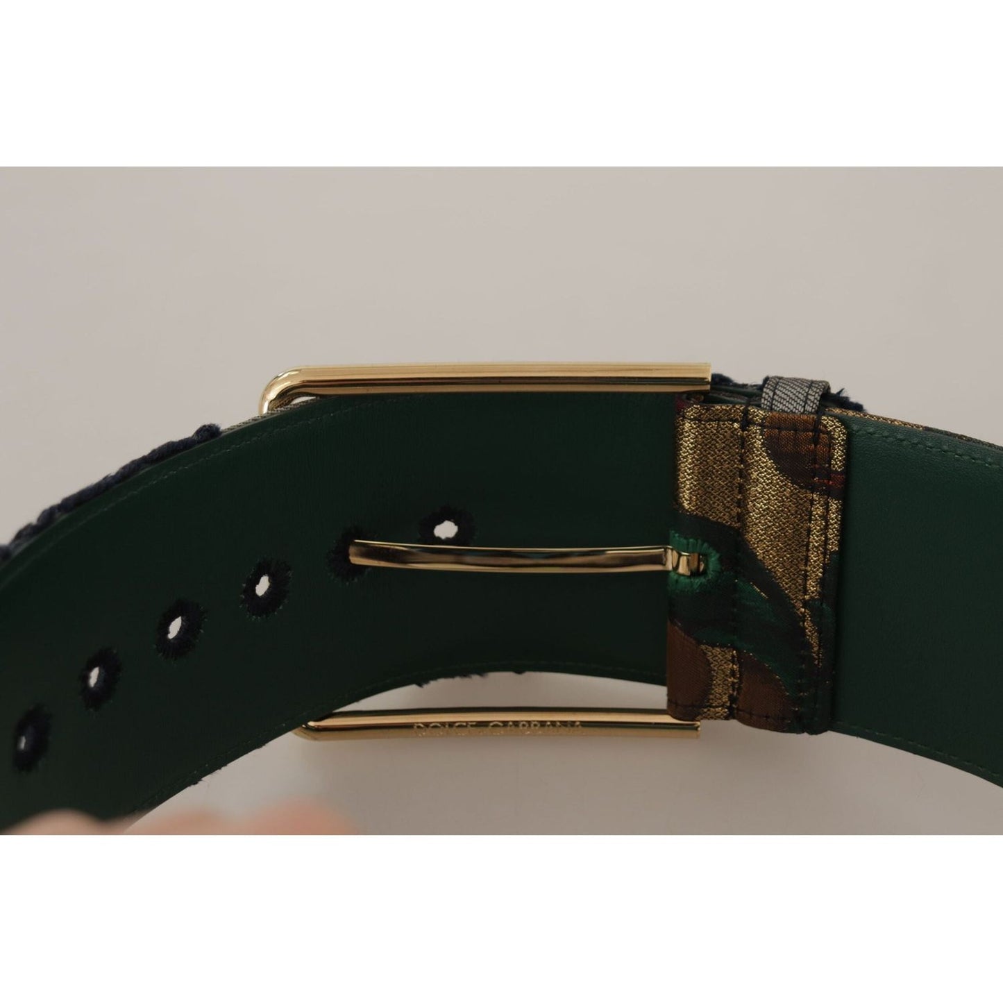 Dolce & Gabbana Elegant Green Leather Belt with Logo Buckle green-jacquard-embroid-leather-gold-metal-buckle-belt