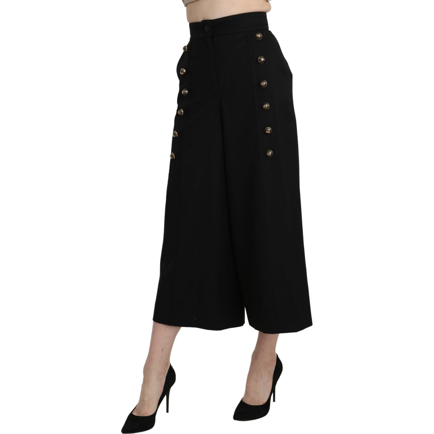Dolce & Gabbana Elegant High Waist Wide Leg Virgin Wool Trousers Jeans & Pants black-wide-wool-leg-cropped-trouser-pant