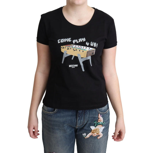 Moschino Chic Black Cotton Tee with Playful Print black-cotton-come-play-4-us-print-tops-t-shirt