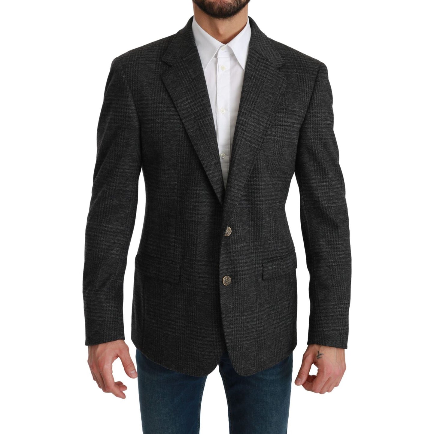 Dolce & Gabbana Elegant Gray Plaid Virgin Wool Blazer gray-plaid-check-wool-formal-jacket-blazer