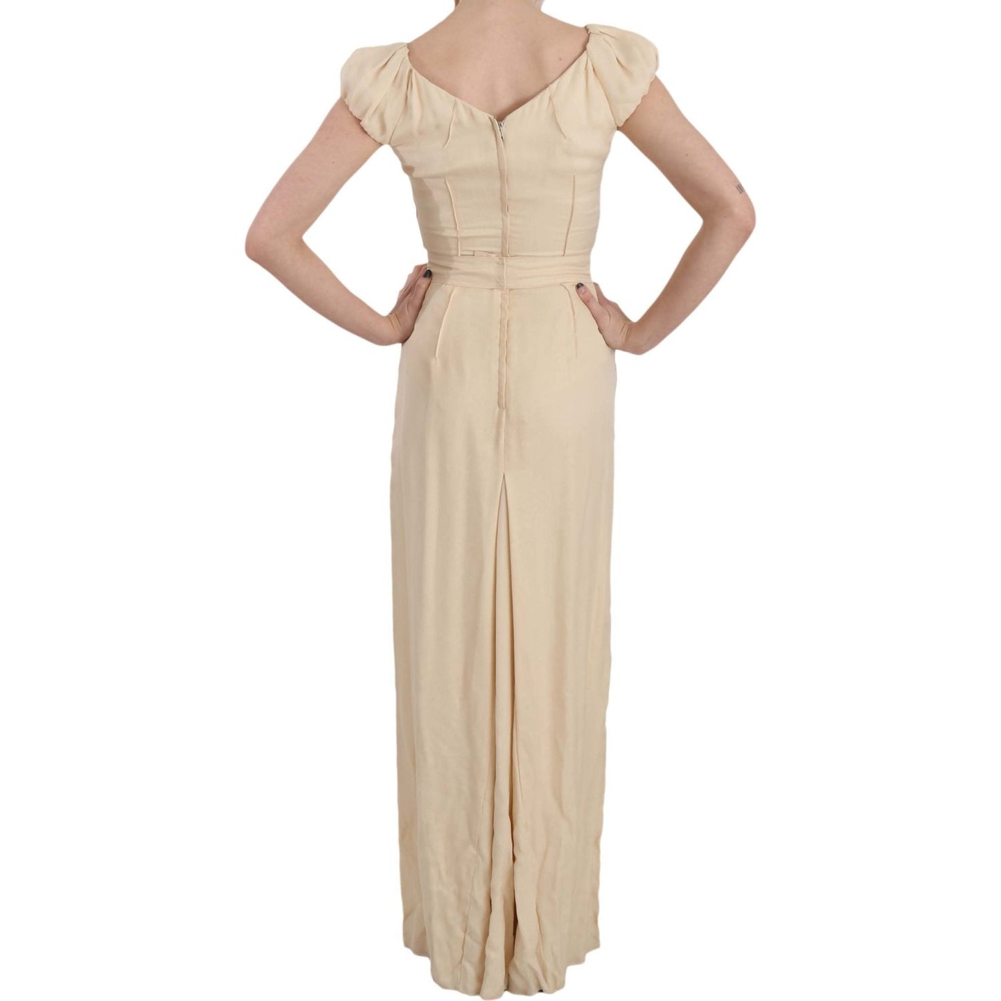Dolce & Gabbana Silk Column Garterized Sleeve Gown Dresses beige-silk-column-cap-sleeve-gown-dress