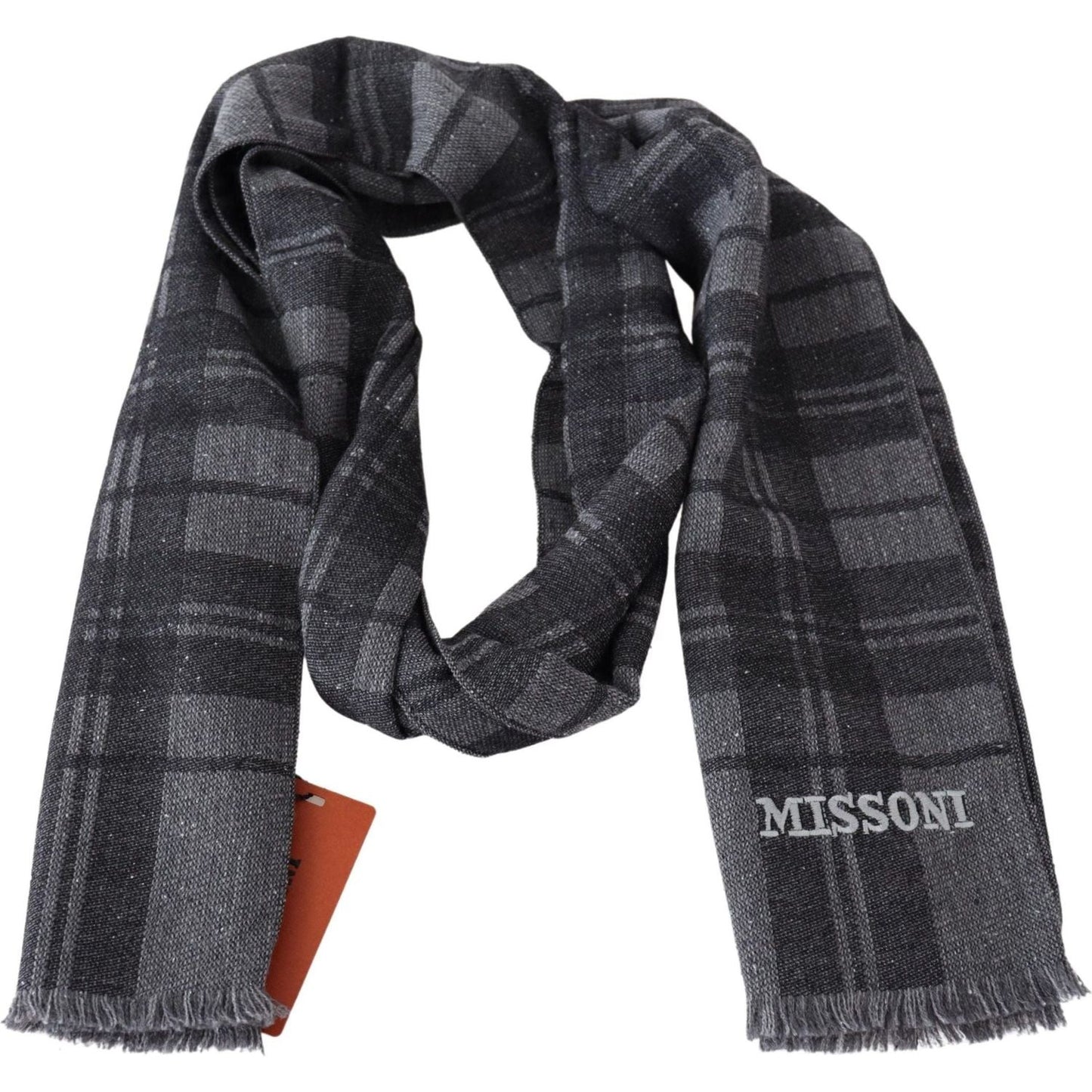 Missoni Elegant Unisex Plaid Wool Scarf with Logo Embroidery gray-wool-knit-plaid-unisex-neck-wrap-shawl-scarf