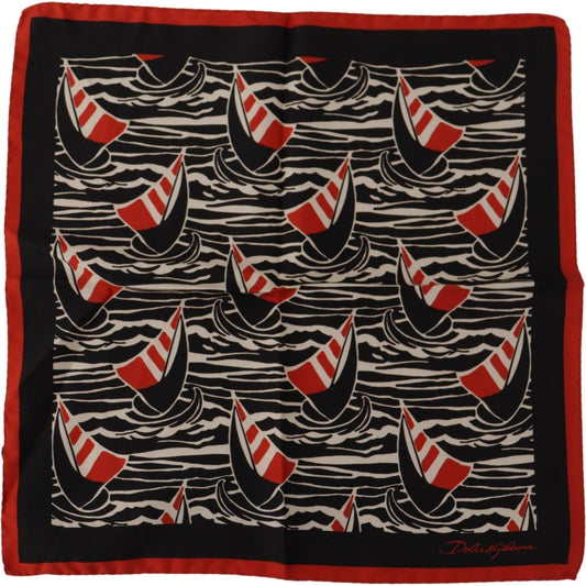 Dolce & Gabbana Elegant Silk Men's Scarf with Red Sailboat Print black-red-sailboat-square-handkerchief-silk-scarf