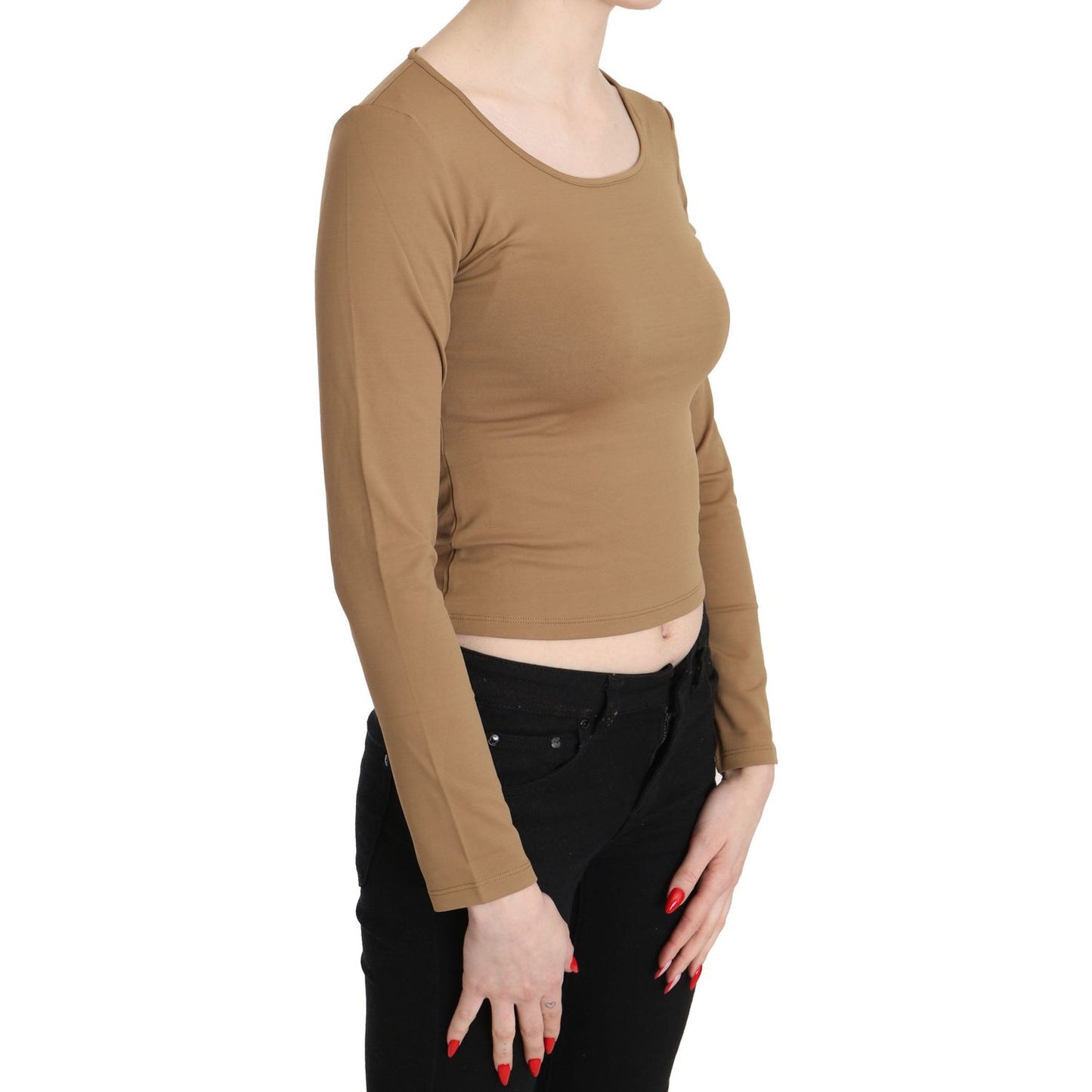 GF Ferre Elegant Brown Long Sleeve Cropped Top brown-round-neck-long-sleeve-slim-crop-top-blouse