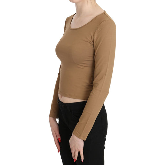GF Ferre Elegant Brown Long Sleeve Cropped Top brown-round-neck-long-sleeve-slim-crop-top-blouse