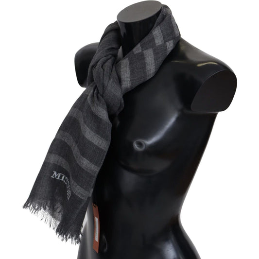Missoni Elegant Unisex Wool Scarf with Logo Embroidery gray-striped-wool-unisex-neck-wrap-fringes-scarf-1