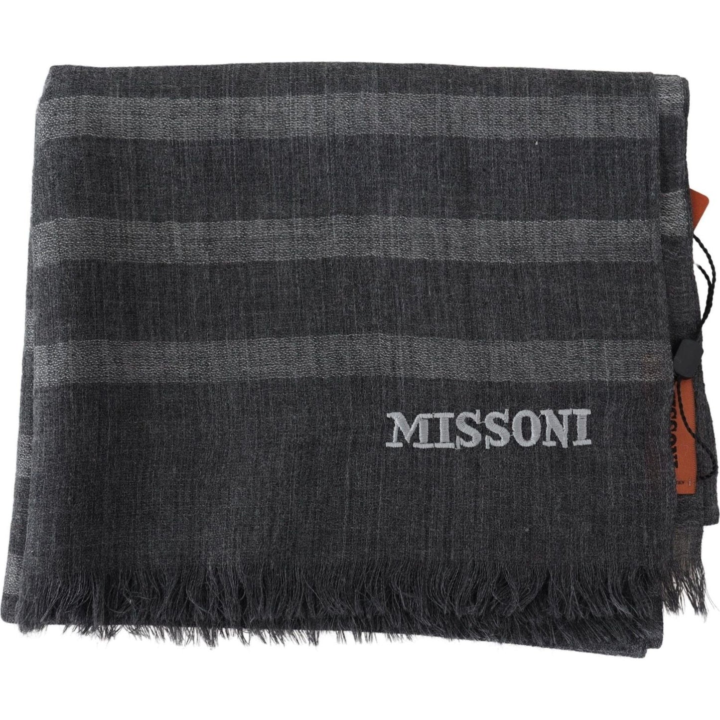 Missoni Elegant Unisex Wool Scarf with Logo Embroidery gray-striped-wool-unisex-neck-wrap-fringes-scarf-1
