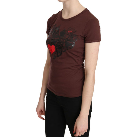 Exte Chic Brown Hearts Printed Short Sleeve Top brown-hearts-printed-round-neck-t-shirt-top