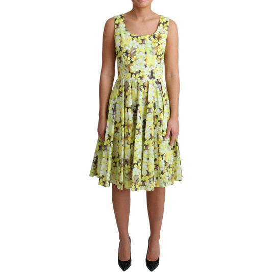Dolce & Gabbana Elegant Yellow Floral A-Line Sleeveless Dress yellow-floral-cotton-stretch-gown-dress IMG_1172-scaled-5848db12-3ab.jpg