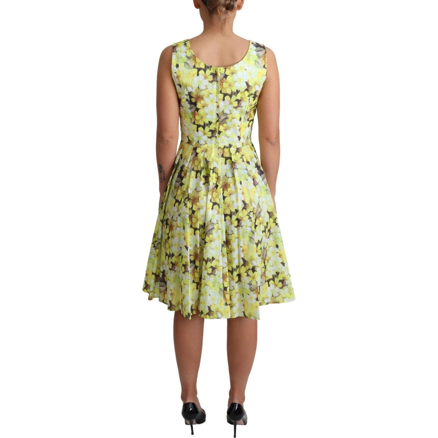 Dolce & Gabbana Elegant Yellow Floral A-Line Sleeveless Dress yellow-floral-cotton-stretch-gown-dress