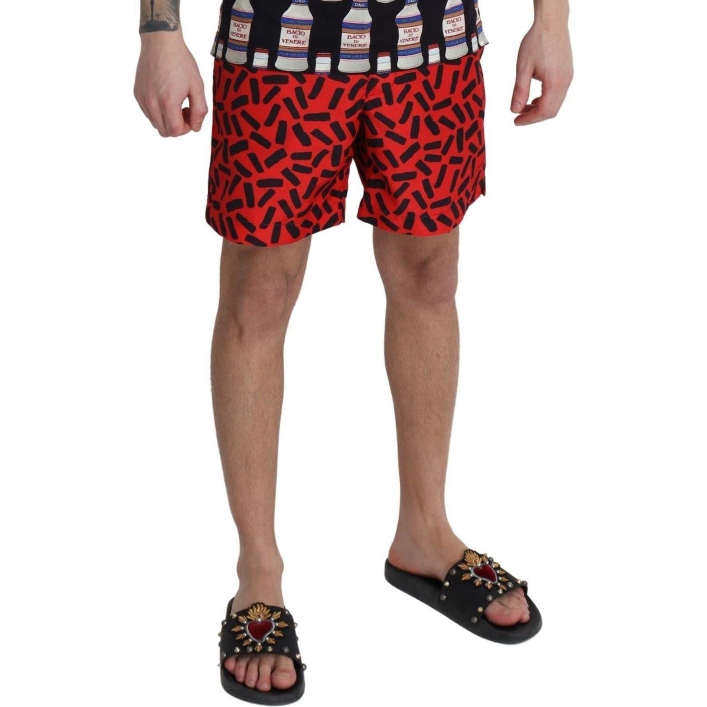 Dolce & Gabbana Chic Red Swim Trunks Boxer Shorts red-patterned-beachwear-shorts-swimwear