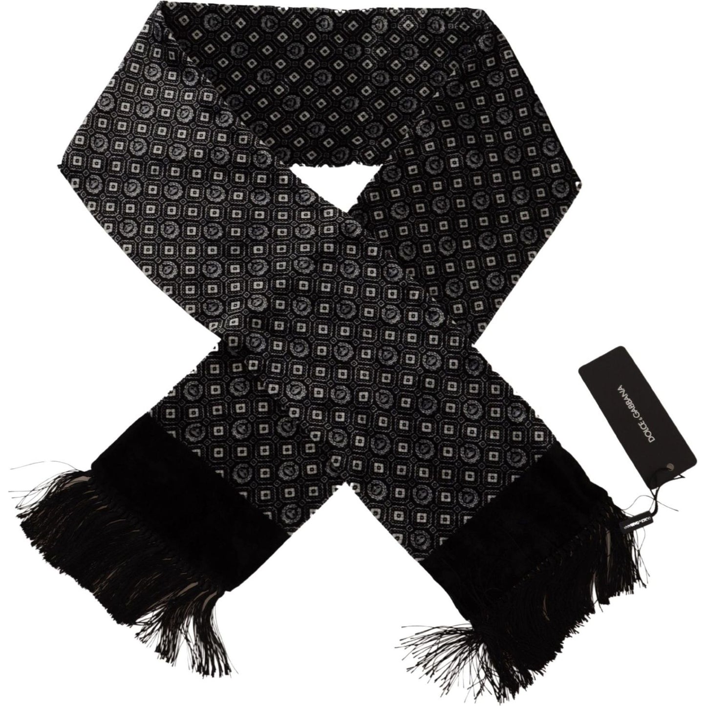 Dolce & Gabbana Elegant Black Geometric Silk Blend Scarf black-geometric-patterned-shawl-wrap-fringe-scarf