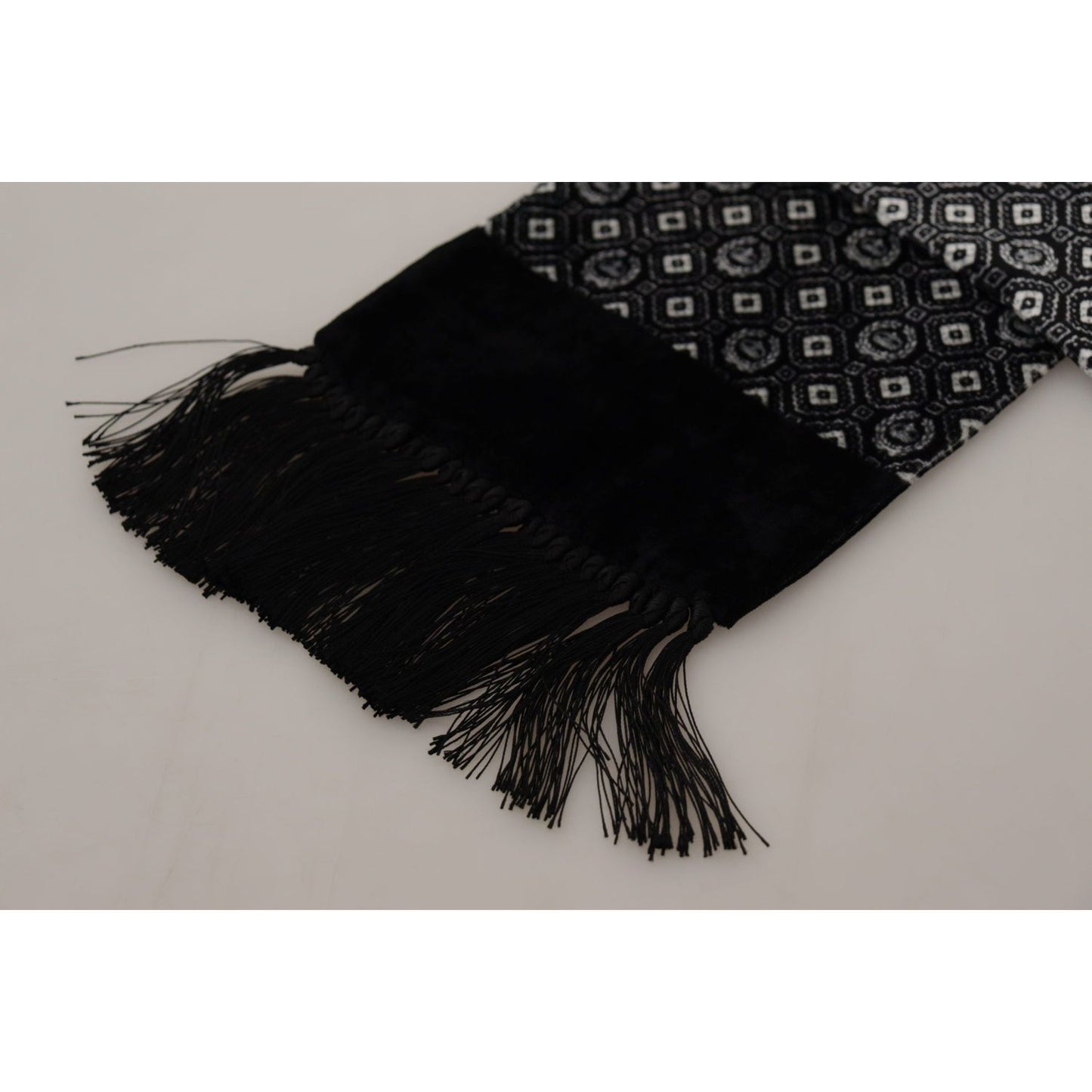 Dolce & Gabbana Elegant Black Geometric Silk Blend Scarf black-geometric-patterned-shawl-wrap-fringe-scarf