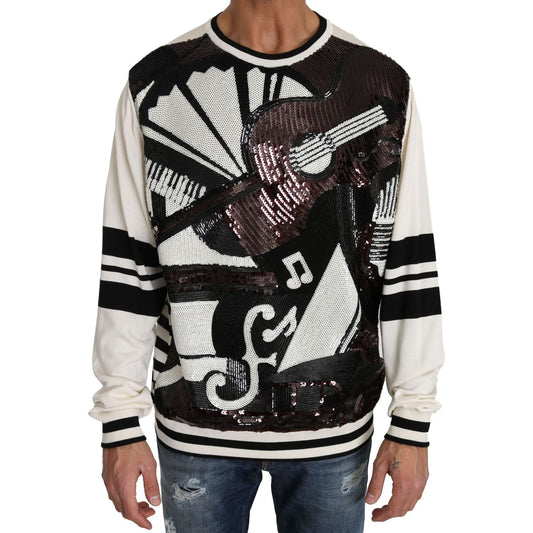 Dolce & Gabbana New York Jazz Sequined Silk Sweater white-jazz-sequined-guitar-pullover-top-sweater