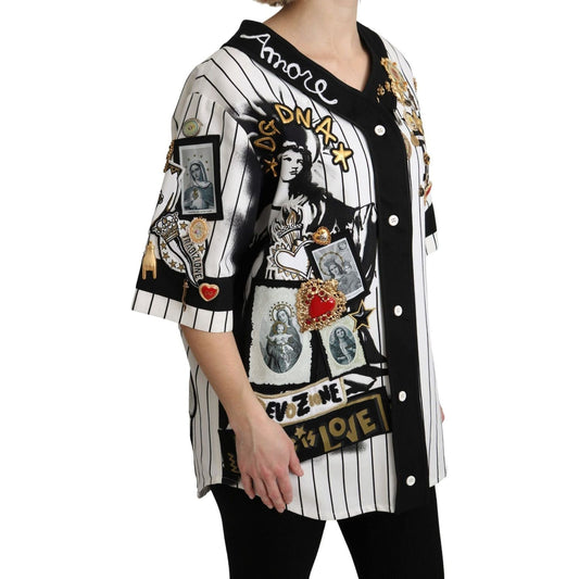 Dolce & Gabbana Elegant Striped V-Neck Charm Blouse white-and-black-blouse-cotton-crystal-charms-amore-shirt
