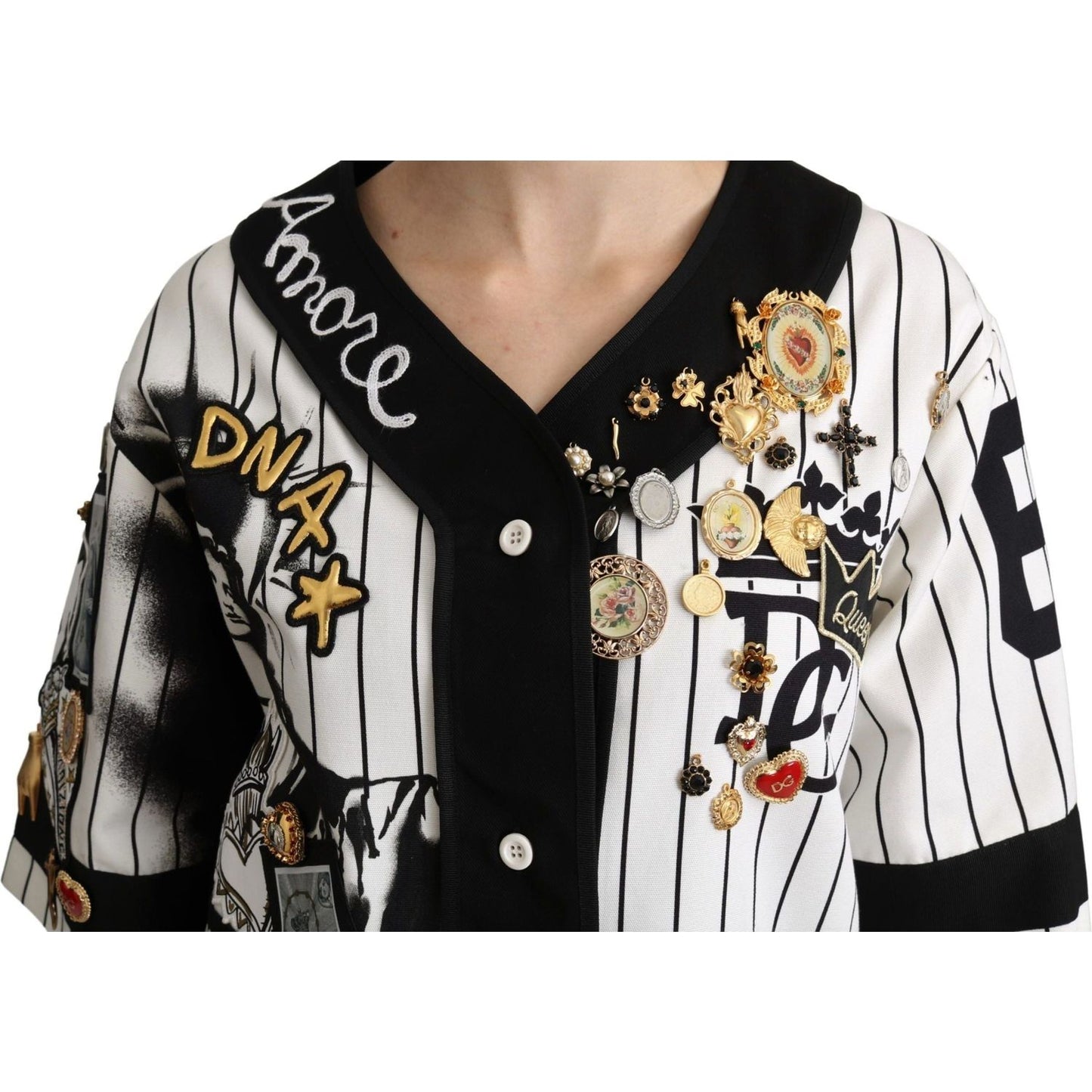 Dolce & Gabbana Elegant Striped V-Neck Charm Blouse white-and-black-blouse-cotton-crystal-charms-amore-shirt