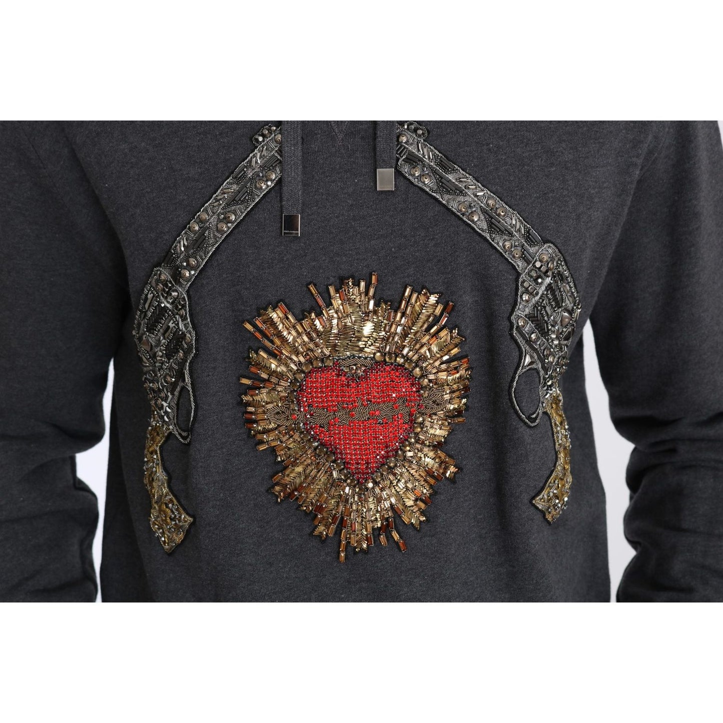 Dolce & Gabbana Gray Crystal Heart Gun Motif Sweater gray-hooded-red-crystal-heart-gun-sweater