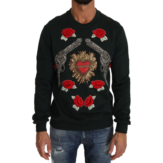 Dolce & Gabbana Emerald Cotton Sweater with Crystal Embroidery green-crystal-heart-roses-gun-sweater