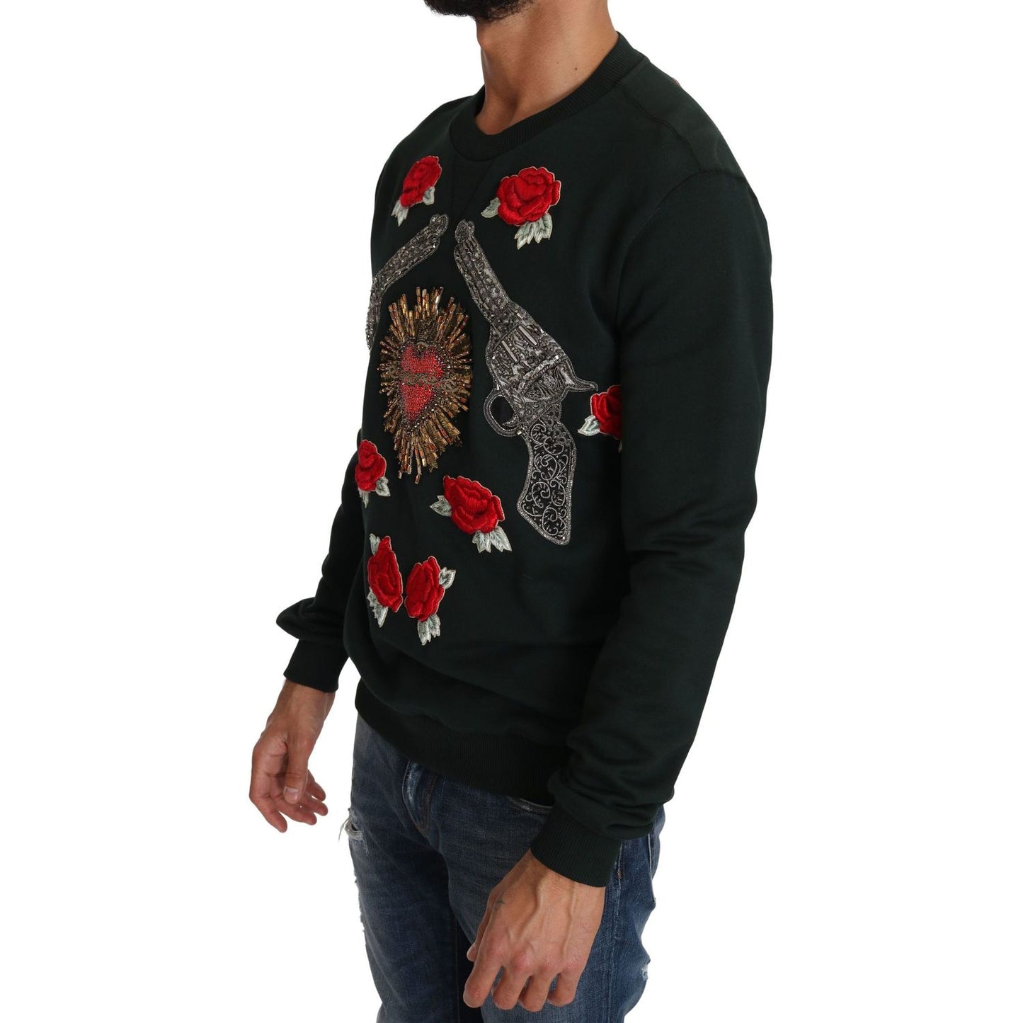 Dolce & Gabbana Emerald Cotton Sweater with Crystal Embroidery green-crystal-heart-roses-gun-sweater IMG_1247-scaled-8dda496a-db3.jpg