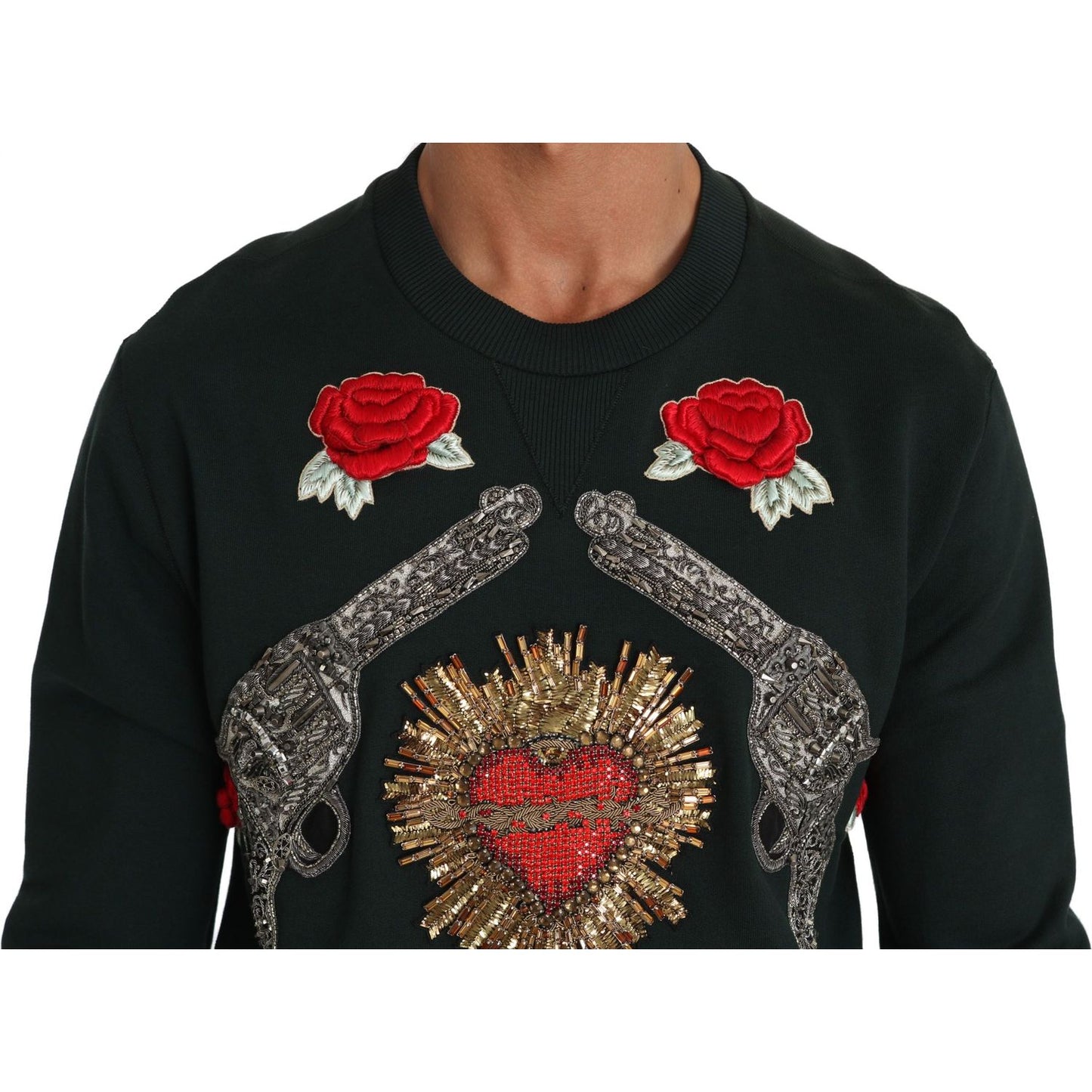 Dolce & Gabbana Emerald Cotton Sweater with Crystal Embroidery green-crystal-heart-roses-gun-sweater IMG_1249-scaled-3a42b52e-c70.jpg