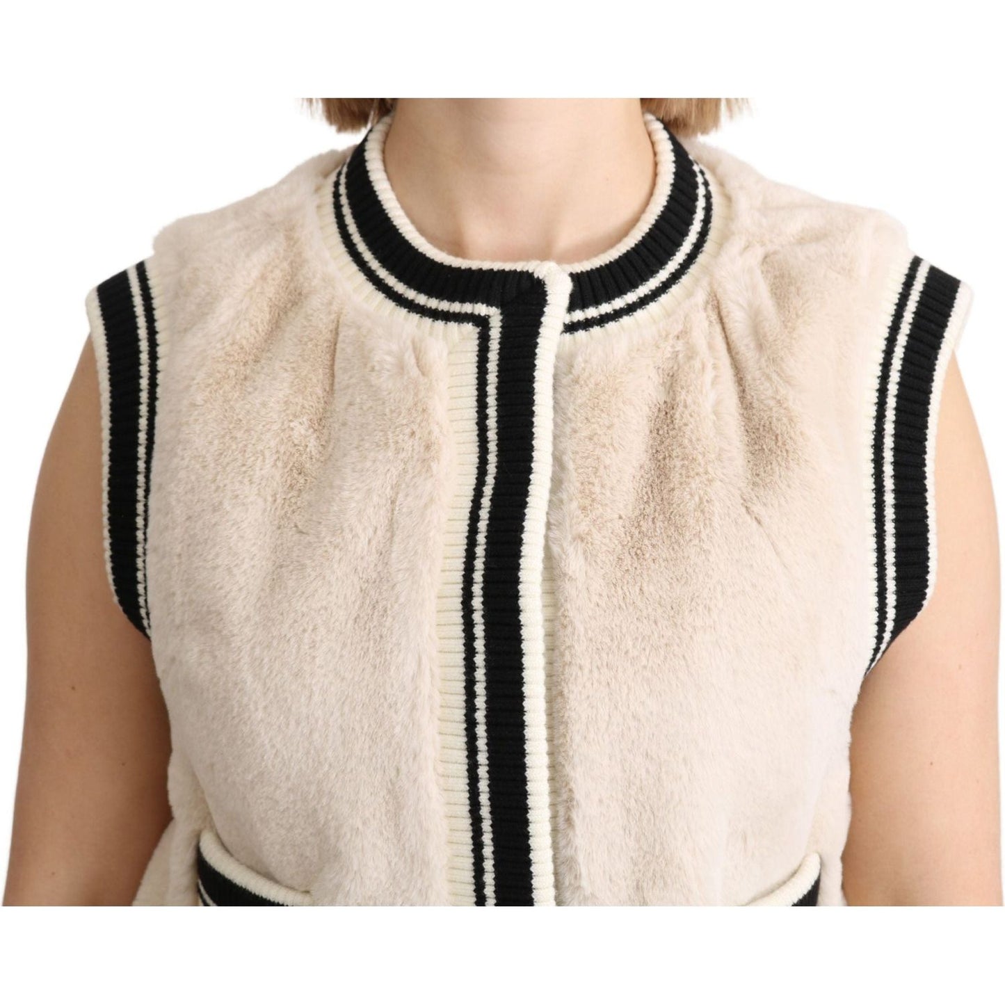 Dolce & Gabbana Elegant Sleeveless Faux Fur Vest beige-fur-sleeveless-vest-polyester-top