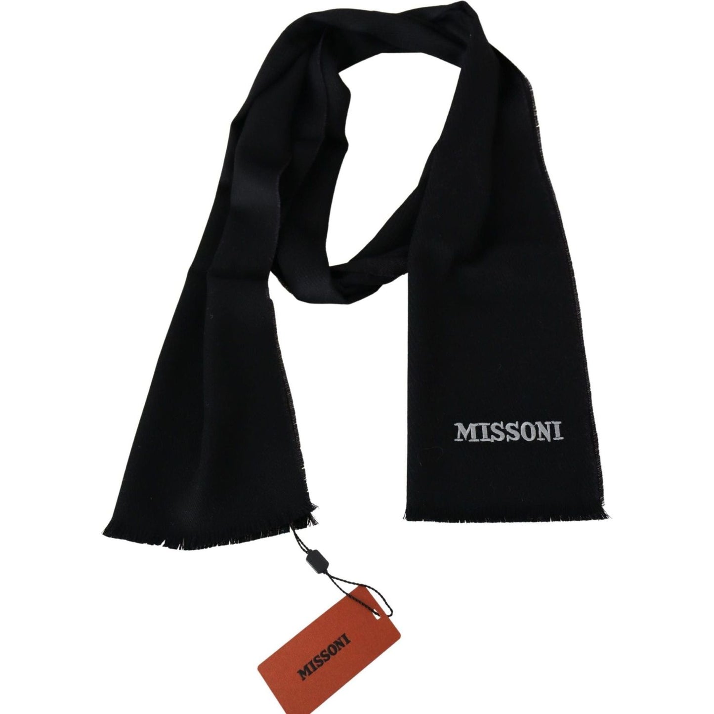 Missoni Elegant Embroidered Wool Scarf in Black black-100-wool-unisex-neck-wrap-fringes-logo-scarf
