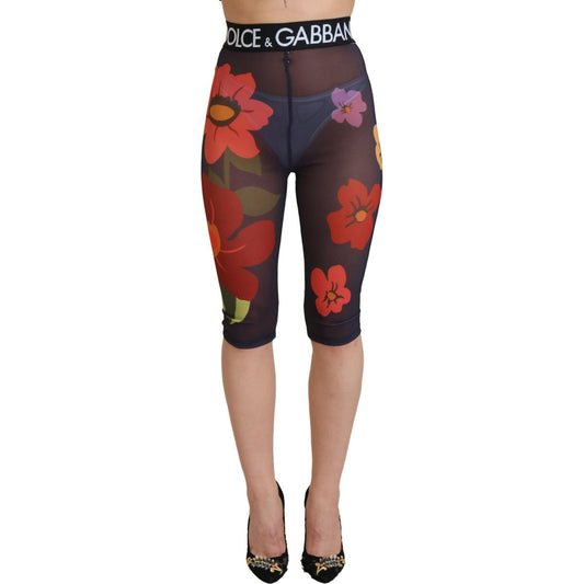 Dolce & Gabbana Elegant Floral Print High Waist Leggings black-floral-leggings-stretch-waist-pants