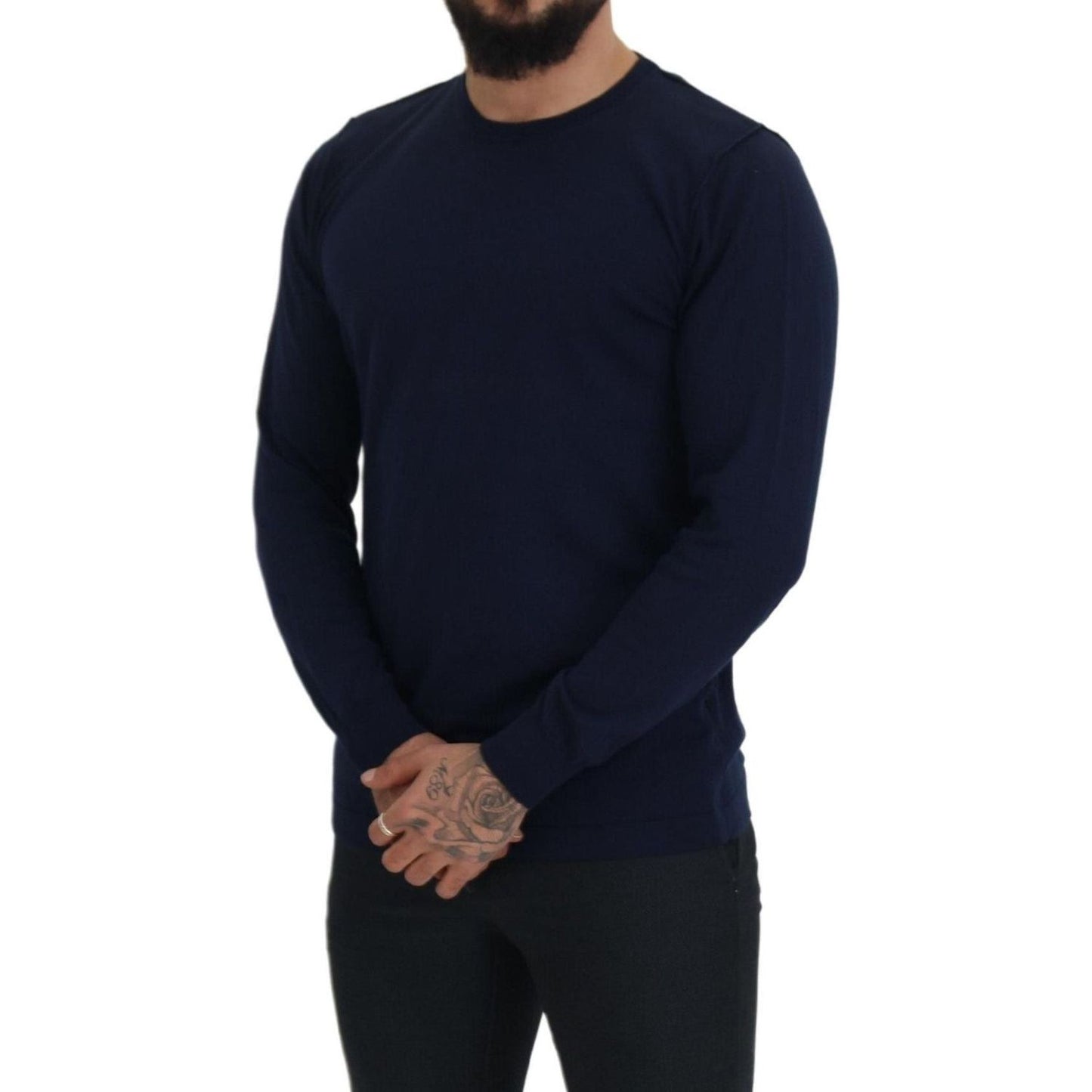 Paolo Pecora Milano Authentic Crewneck Blue Pullover Sweater blue-cotton-crewneck-pullover-sweater