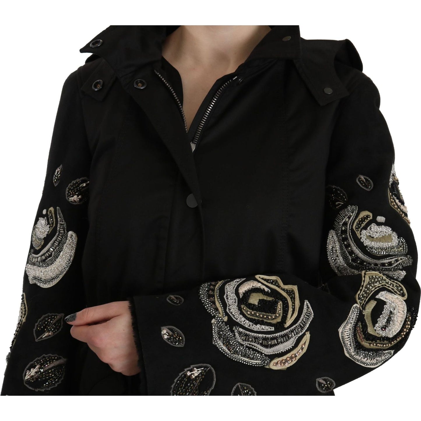 John Richmond Elegant Black Beaded Parka Jacket for Women Coats & Jackets floral-sequined-beaded-hooded-jacket-coat