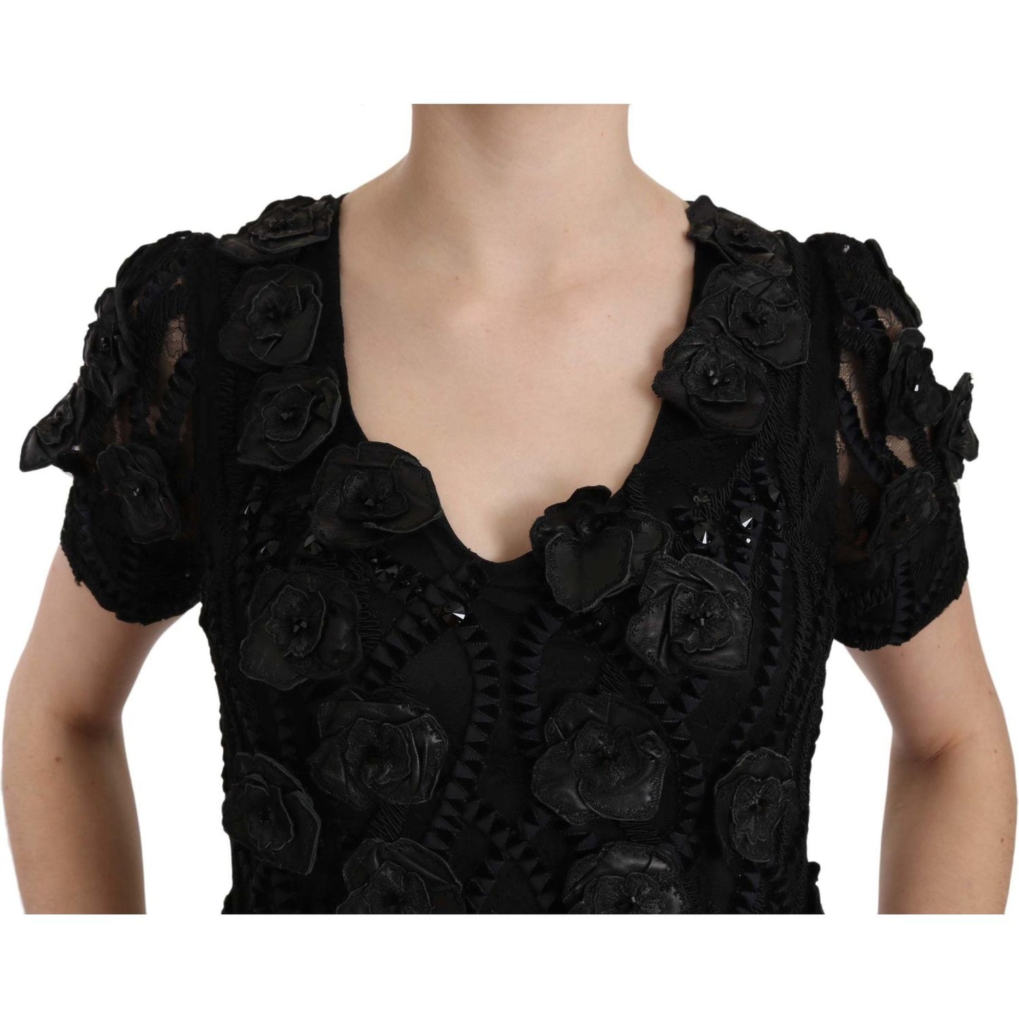 John Richmond Elegant Black Sheath Silk Dress black-silk-leather-flowers-sheath-dress