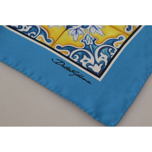 Dolce & Gabbana Elegant Majolica Blue Silk Men's Scarf blue-majolica-pattern-square-handkerchief-scarf